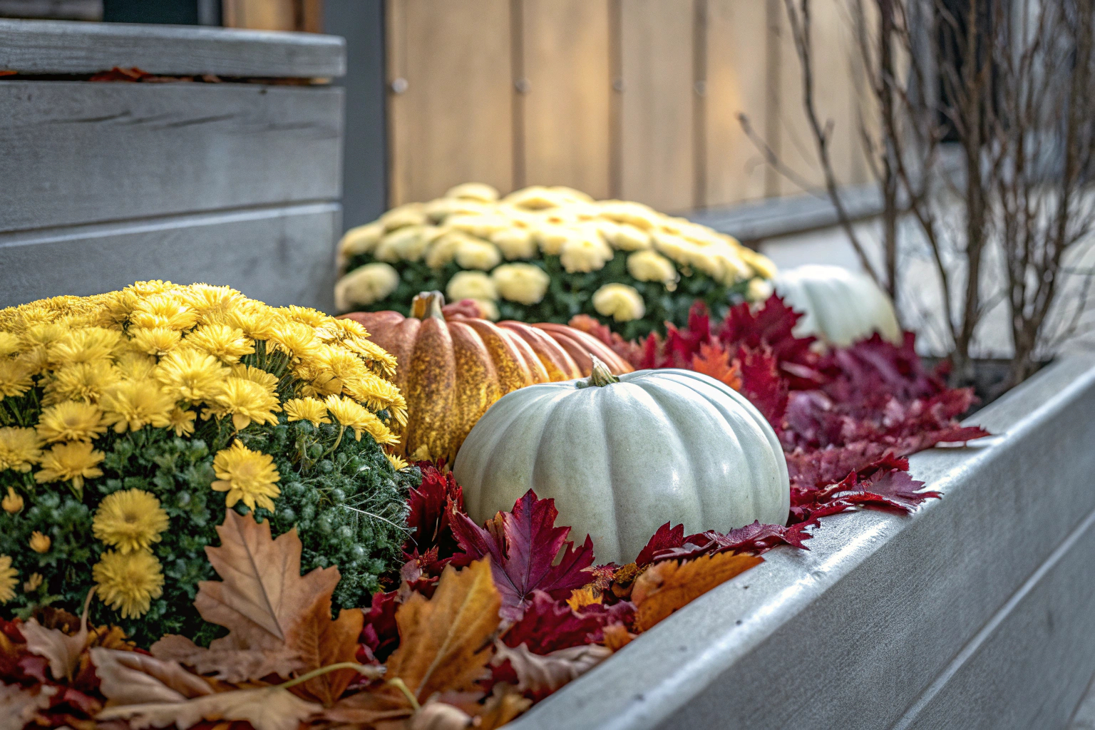 Herbstliche Gartenszene mit Chrysanthemen und Kürbissen
