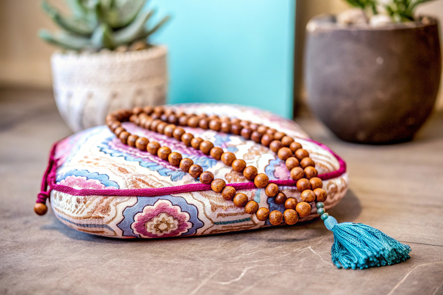 Lotus Mala Perlenkette auf Meditationskissen