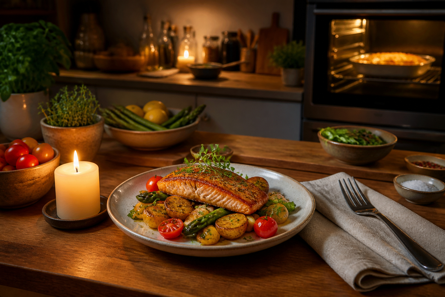 Vorbereitetes Dinner in der Küche ohne Stress