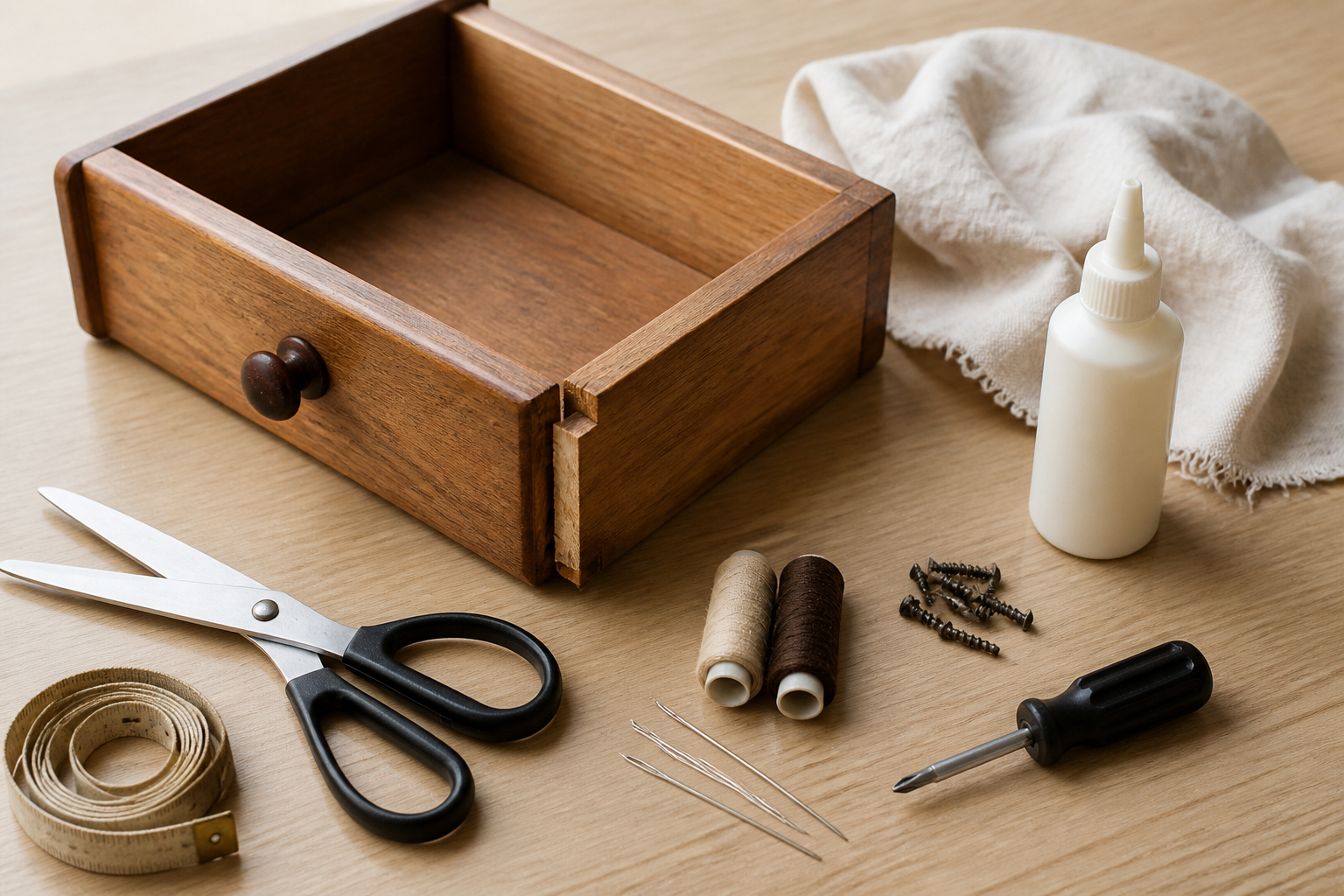 Kleine Haushaltsreparaturen mit Werkzeug und Reparaturmaterial vorbereiten