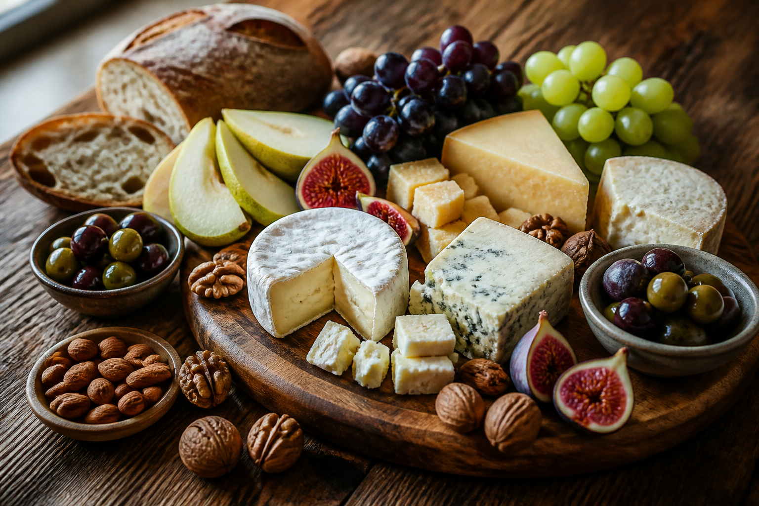 Vegetarische Käseplatte mit Käse, Obst, Nüssen und Brot