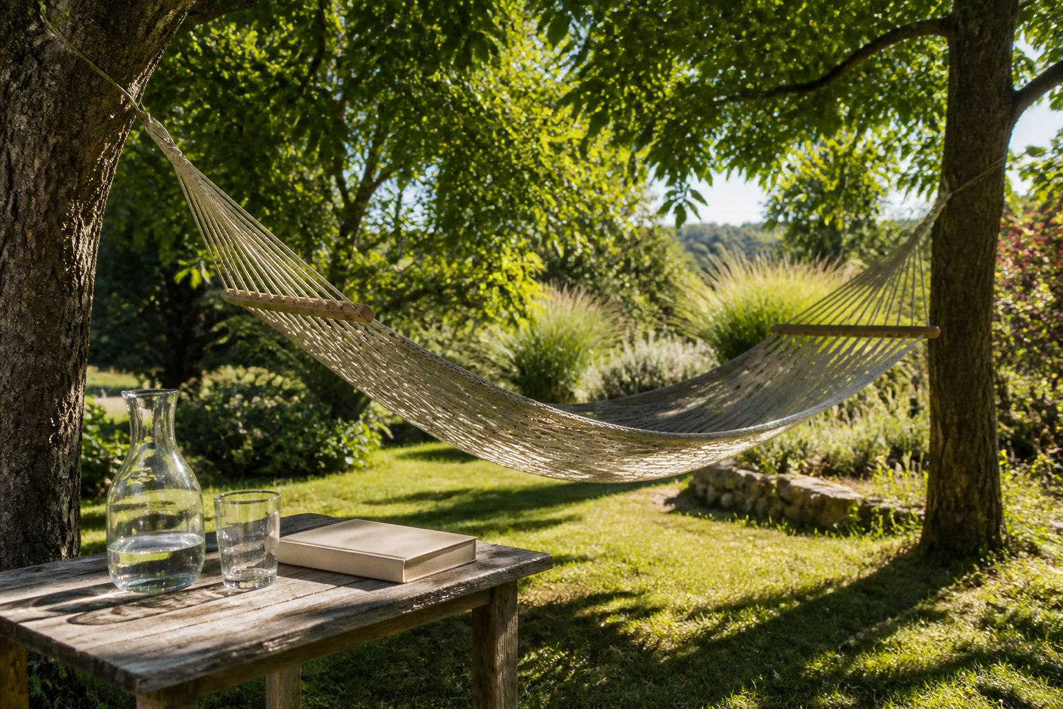 Entspannter Urlaub zu Hause in einer Hängematte im Garten