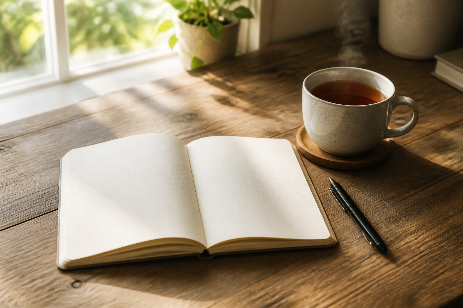 Offenes Journaling-Notizbuch mit Stift und Prioritätenliste auf einem Schreibtisch