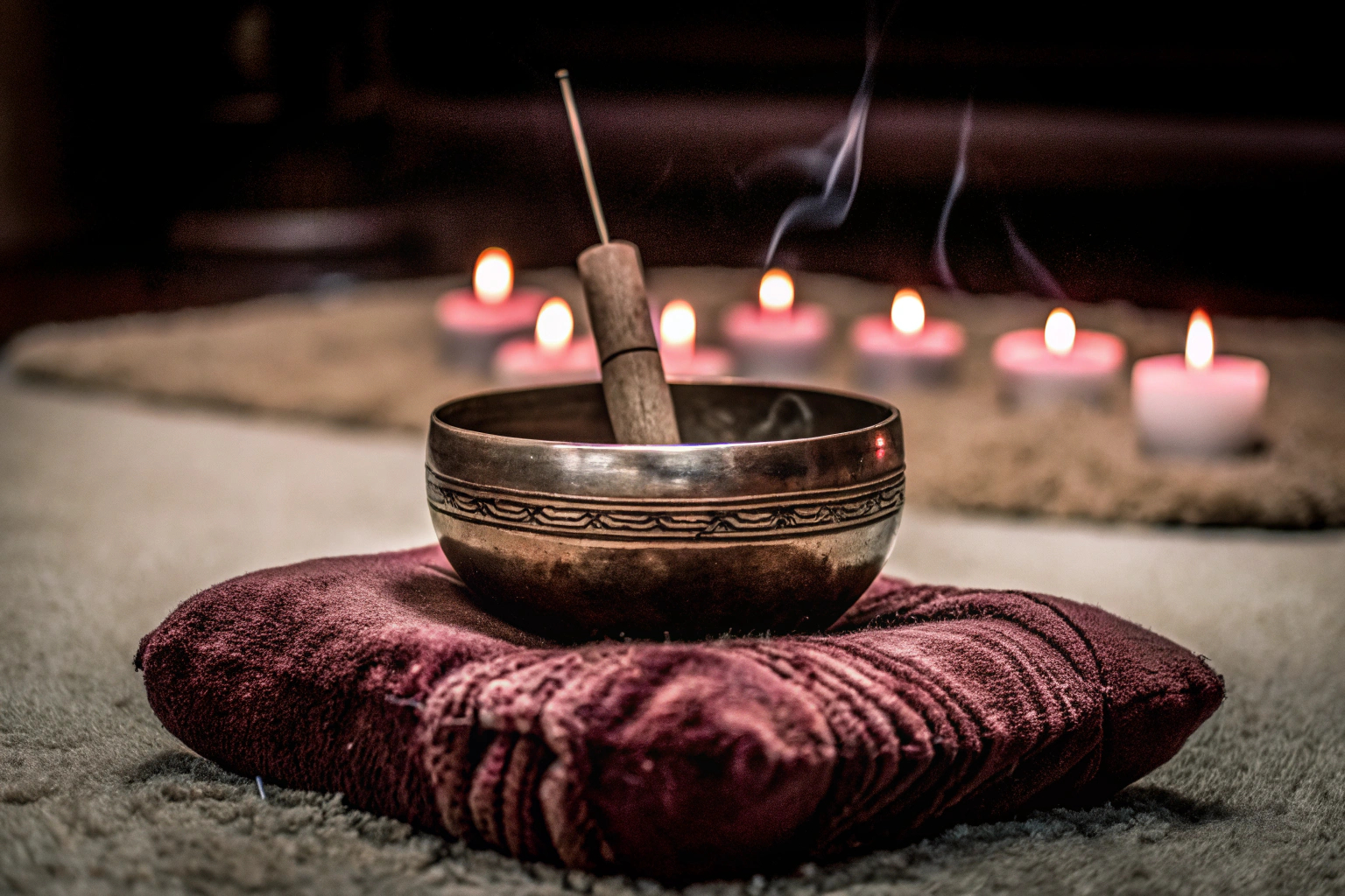Tibetische Klangschale auf Meditationskissen