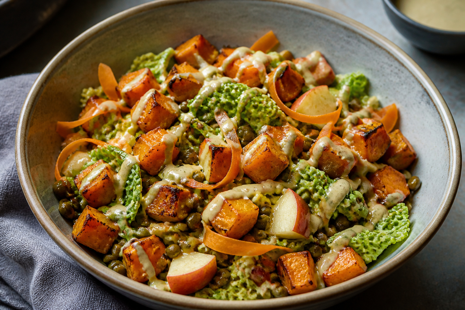 Warme Winter-Bowl mit Süßkartoffeln Linsen und Wirsing