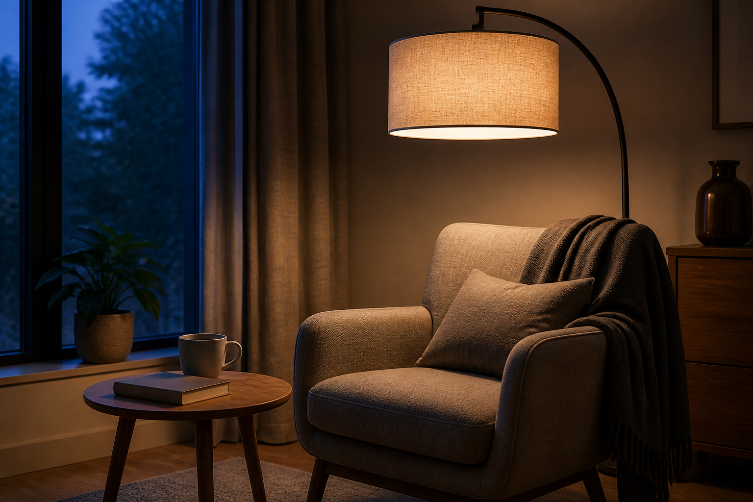 Bogenstehlampe über gemütlicher Leseecke