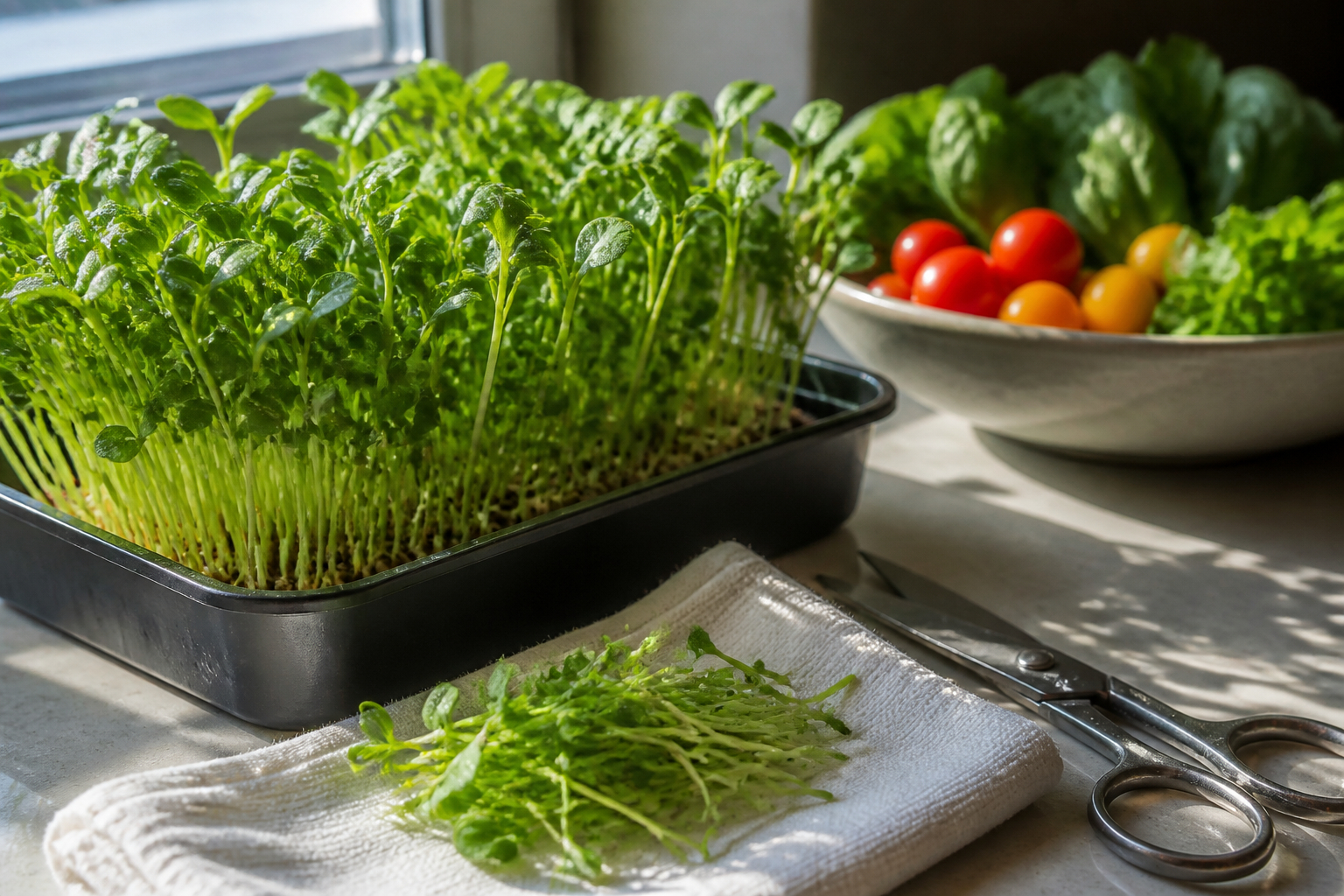 Microgreens ernten und frisch in der Küche verwenden