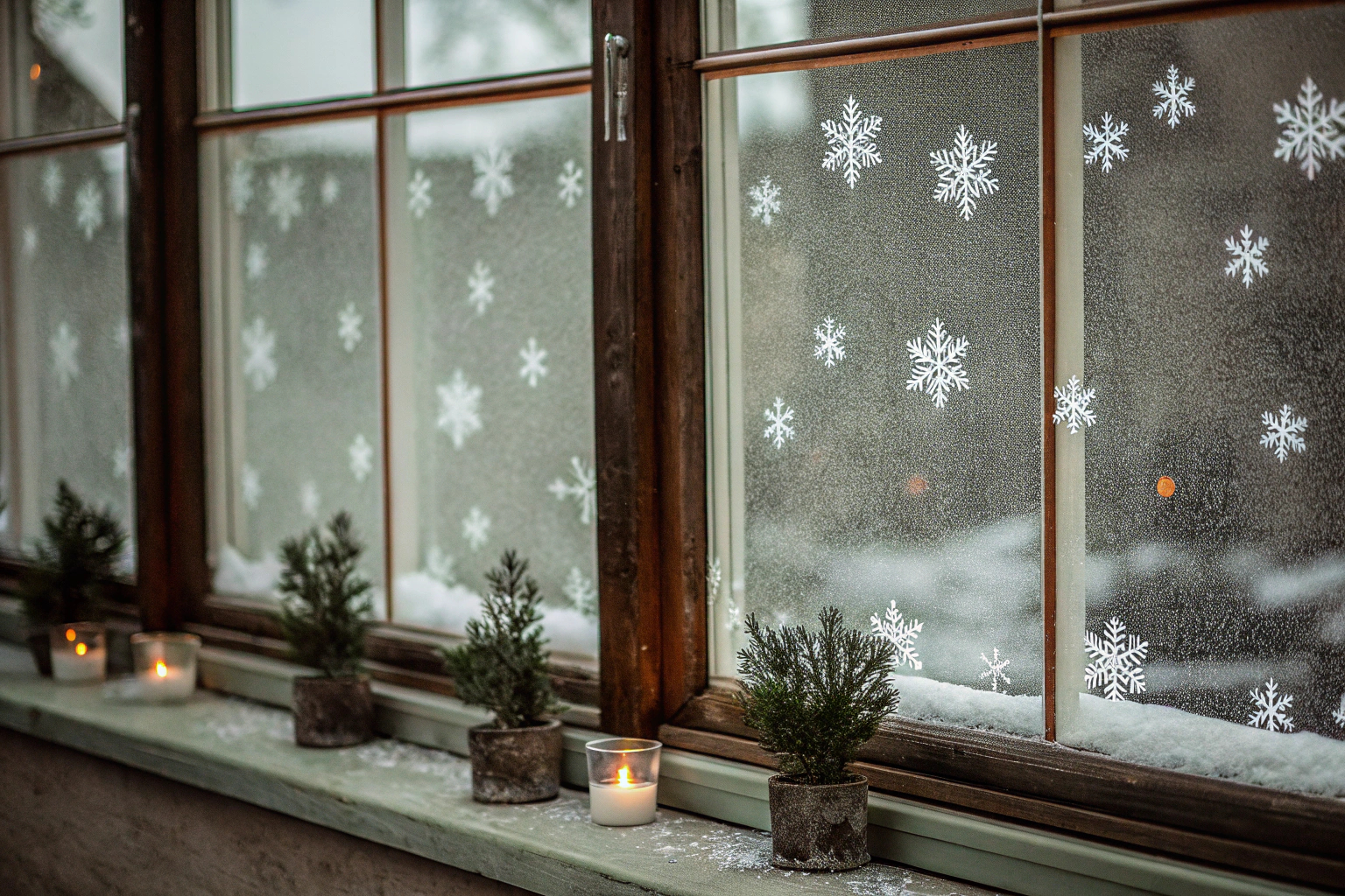Fensterdekoration mit Schneeflocken