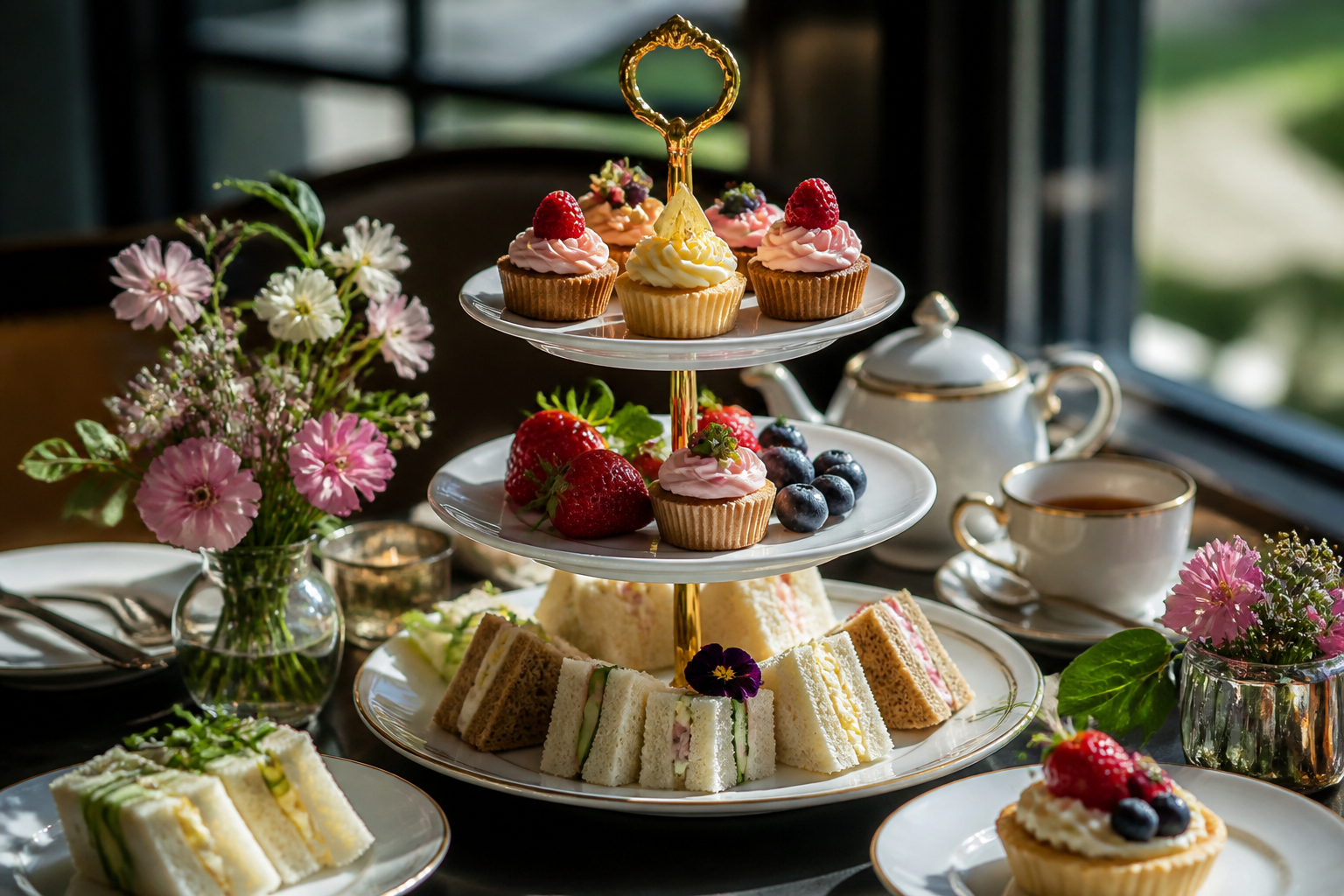Festlicher kleiner Brunch-Tisch mit weißer und goldener Etagere