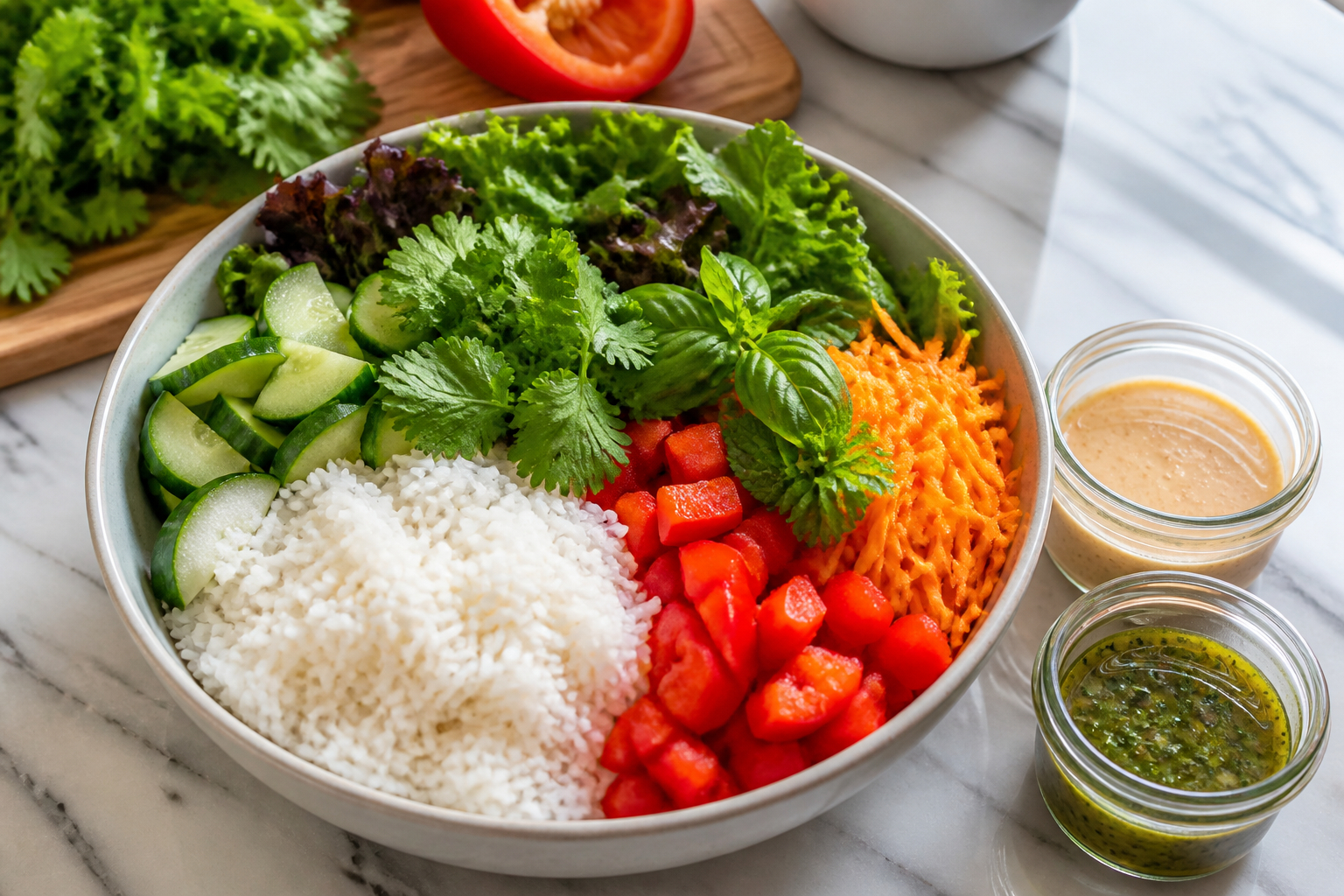 Meal Prep Bowl mit knackigem Gemüse und separatem Dressing