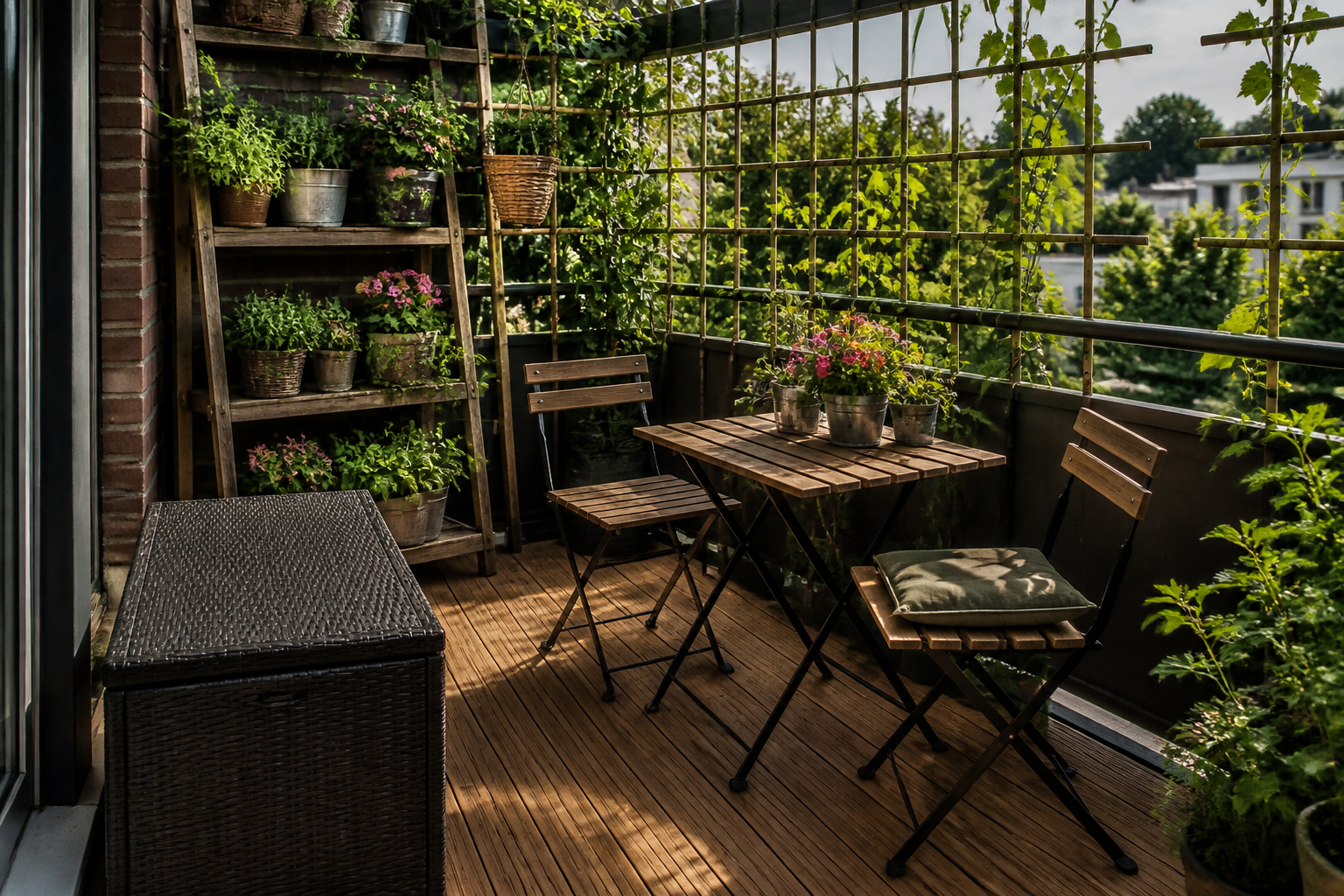 Balkon mit klappbaren Möbeln, Pflanzentreppe und Stauraumbox