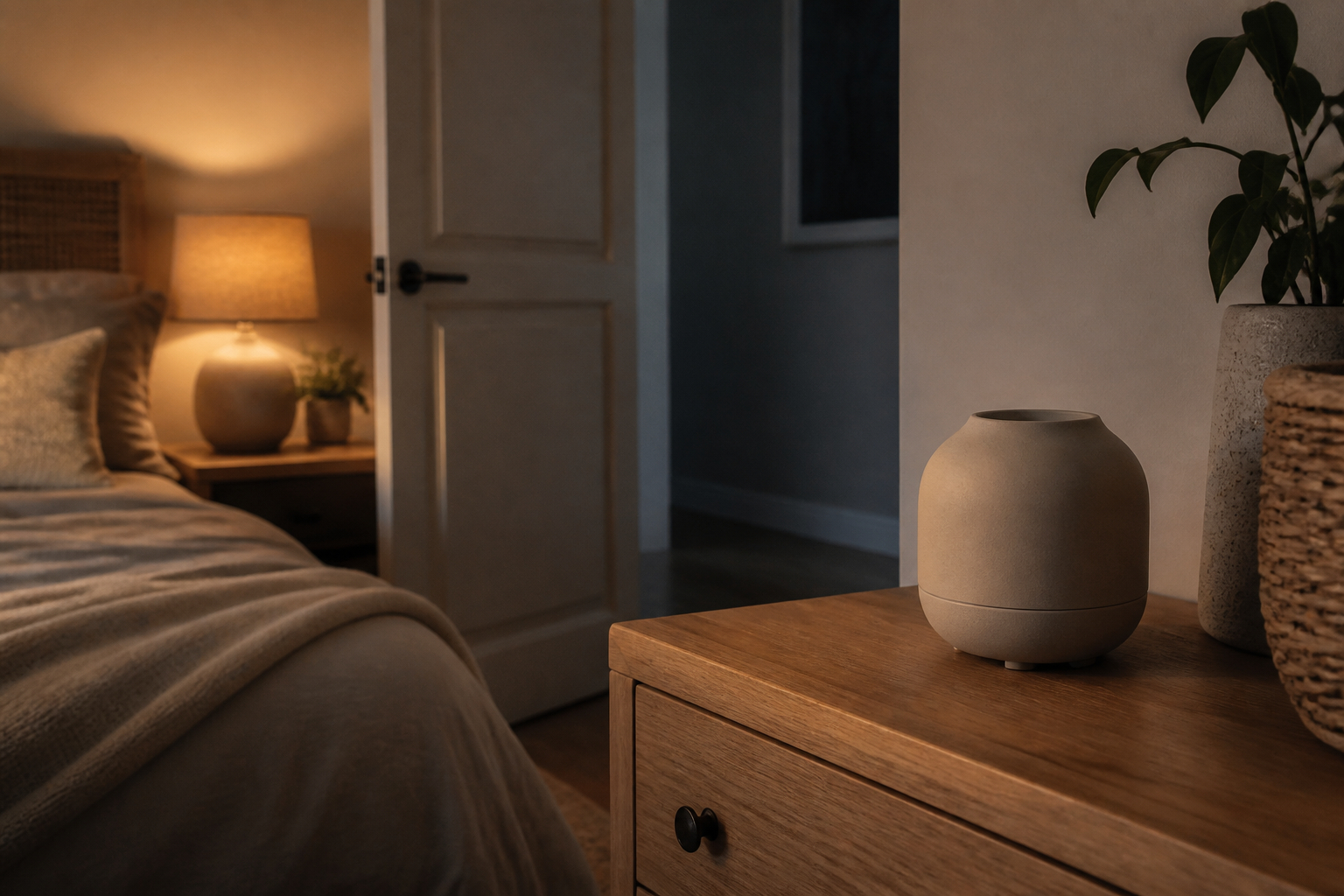 Dezenter Raumduft im Schlafzimmer mit warmem Licht
