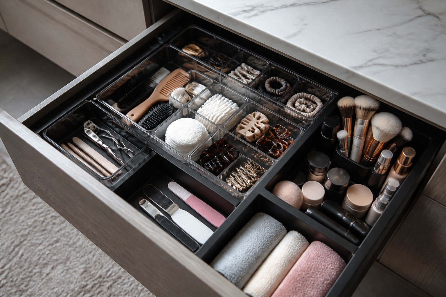 Organisierte Badezimmerschublade mit Kosmetik und Pflegeprodukten