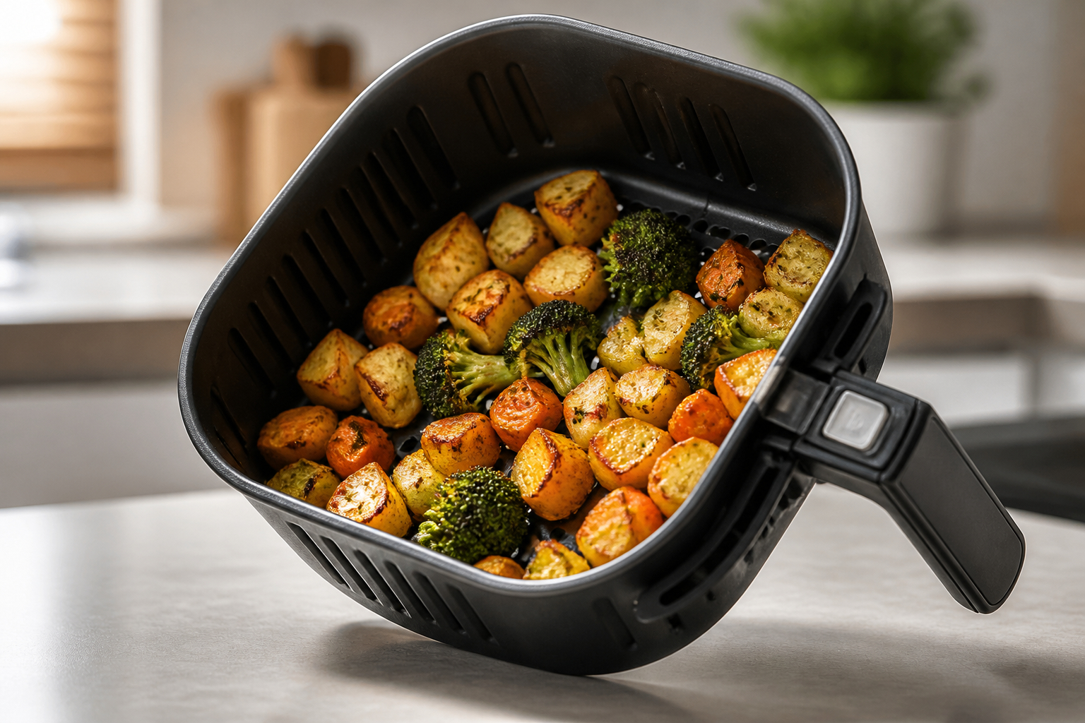 Gemüse im Airfryer wenden und schütteln