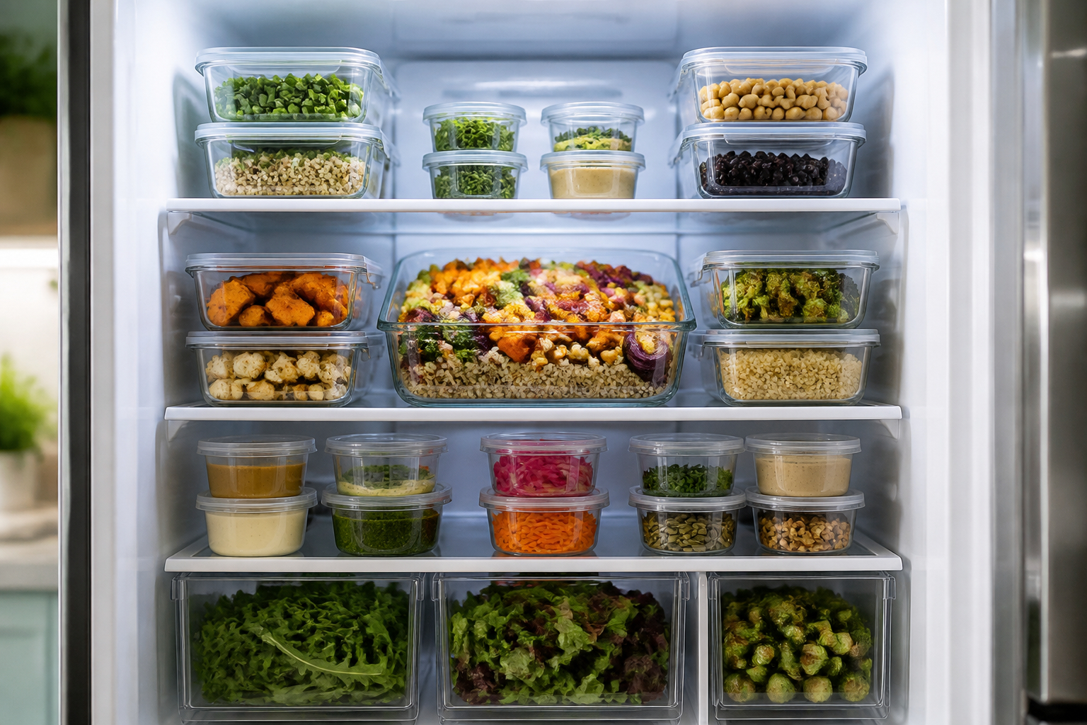 Organisierter Kühlschrank mit Meal-Prep-Boxen