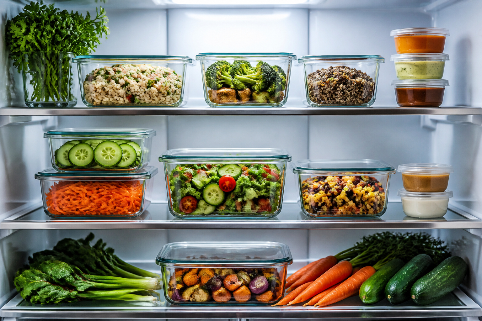 Organisierter Kühlschrank mit Glasbehältern für Meal Prep