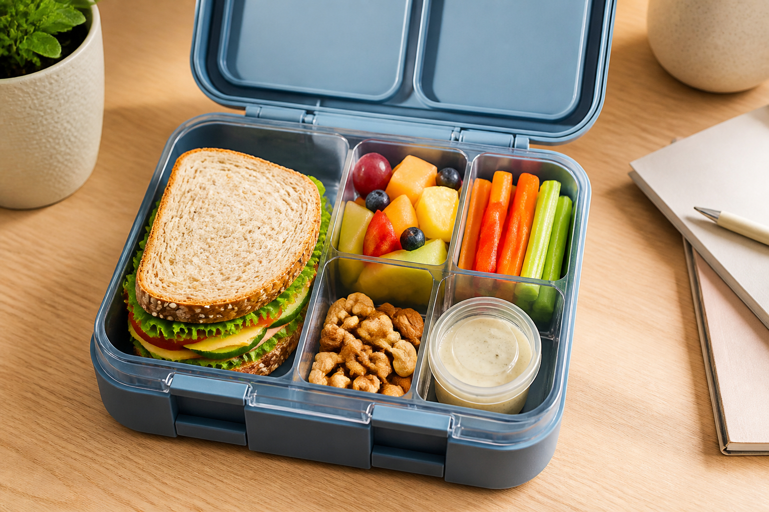 Geöffnete Lunchbox für Erwachsene mit gesundem Mittagessen im Büro