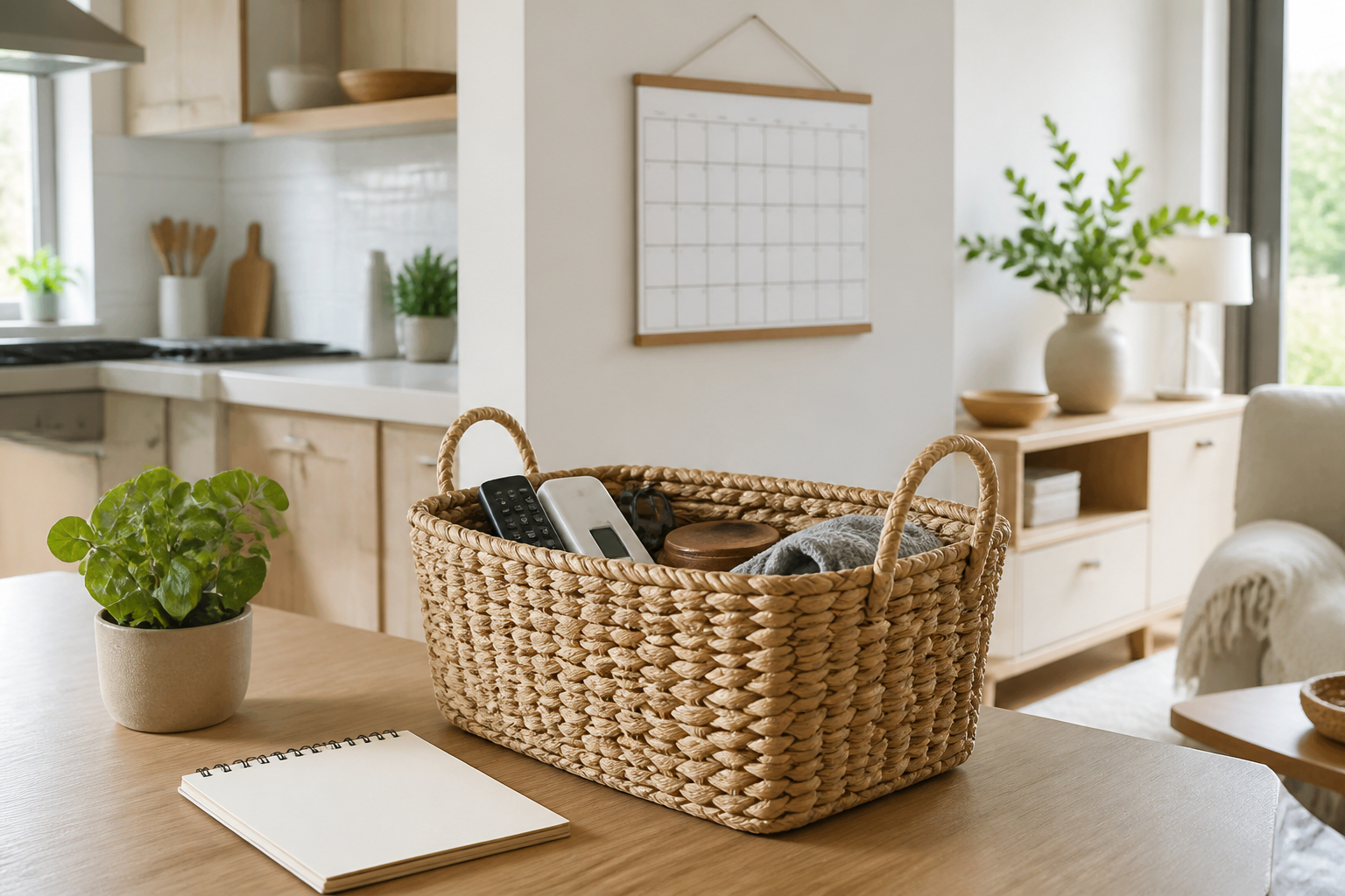 Wohnung beim wöchentlichen Zuhause-Reset mit Sammelkorb und Wandkalender