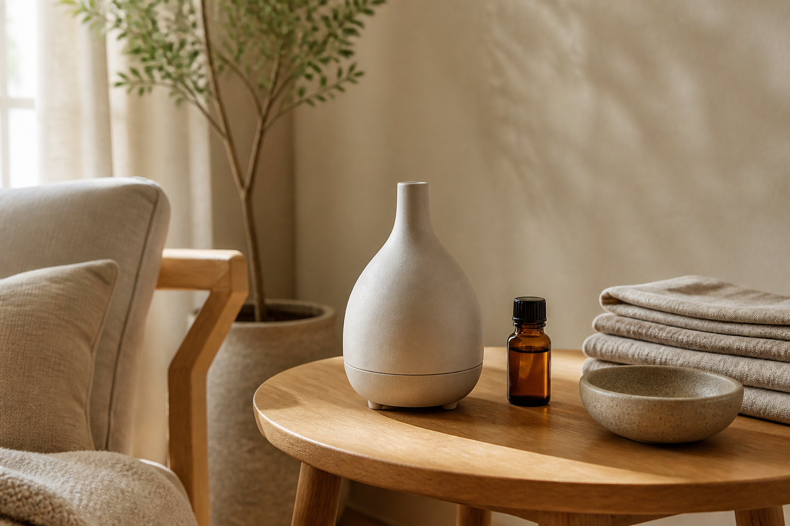 Dezenter natürlicher Raumduft mit Diffuser im minimalistischen Wohnzimmer