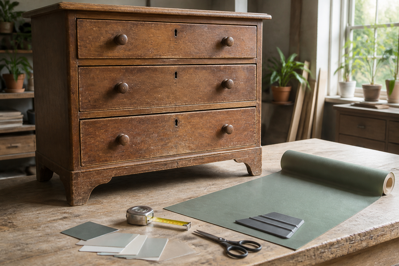 Alte Kommode mit Möbelfolie und Werkzeug für ein Upcycling-Projekt