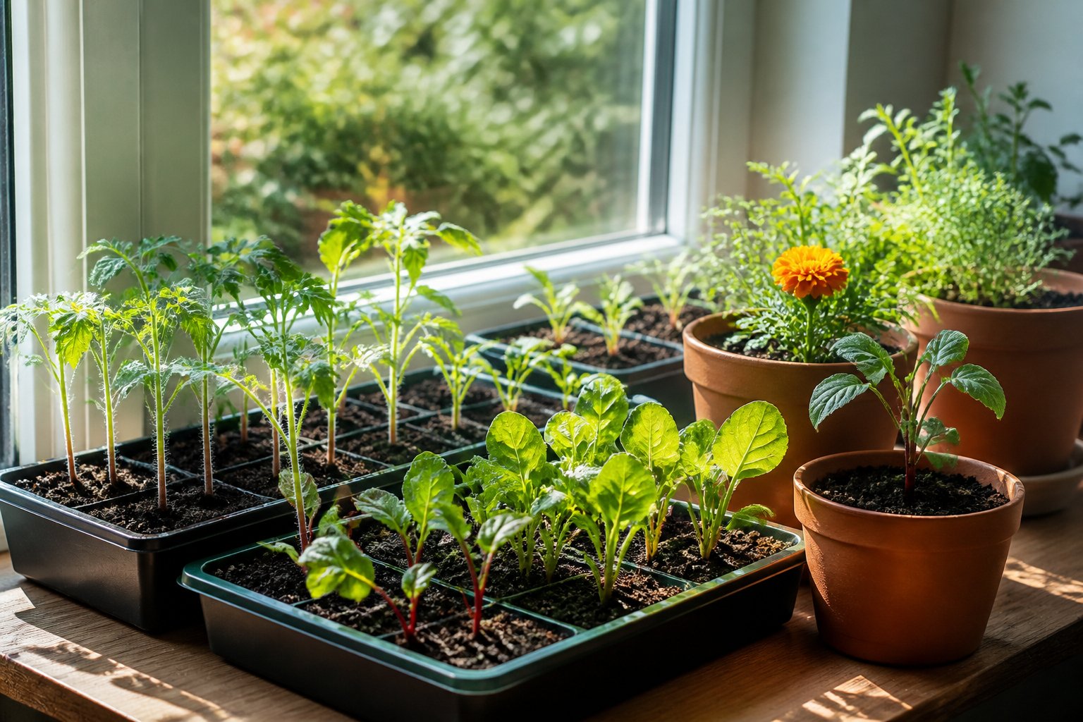 Jungpflanzen auf der Fensterbank drinnen vorziehen