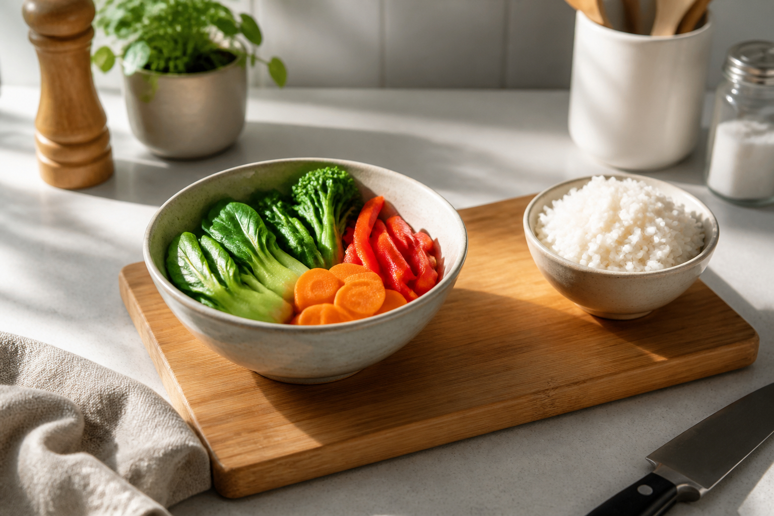 Kochen für eine Person mit portioniertem Gemüse und Reis in einer kleinen Küche