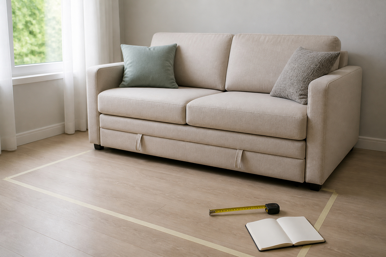 Kleine Gästezimmer-Ecke mit Maßband und Schlafsofa planen