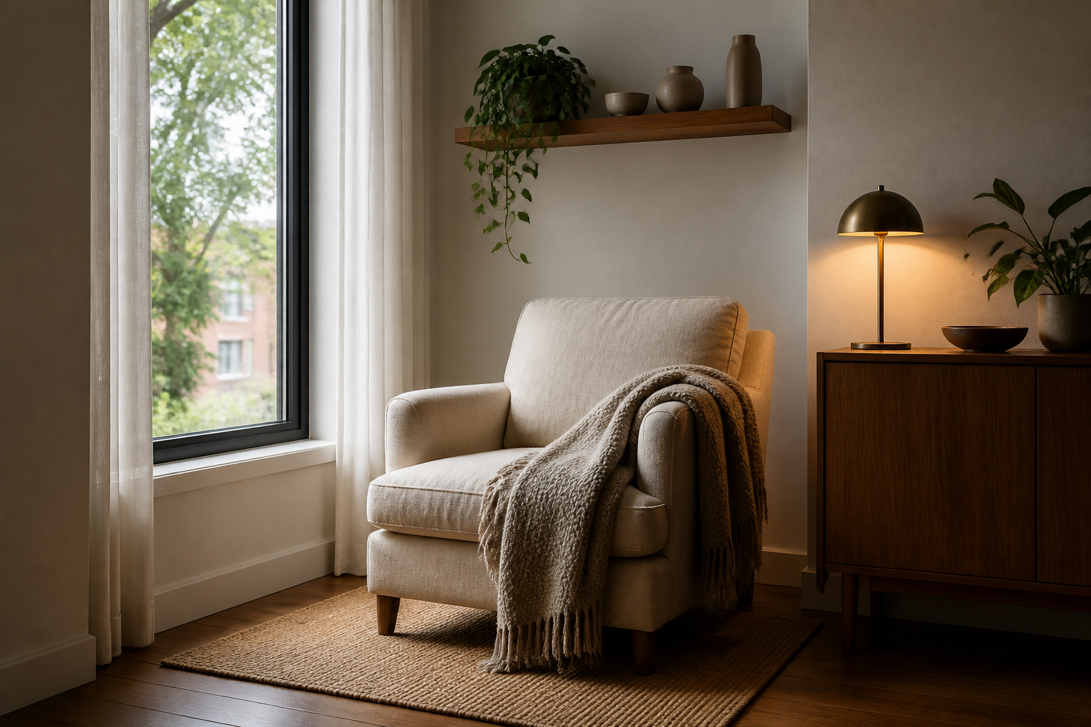 Gemütliche Leseecke am Fenster in einer kleinen Wohnung