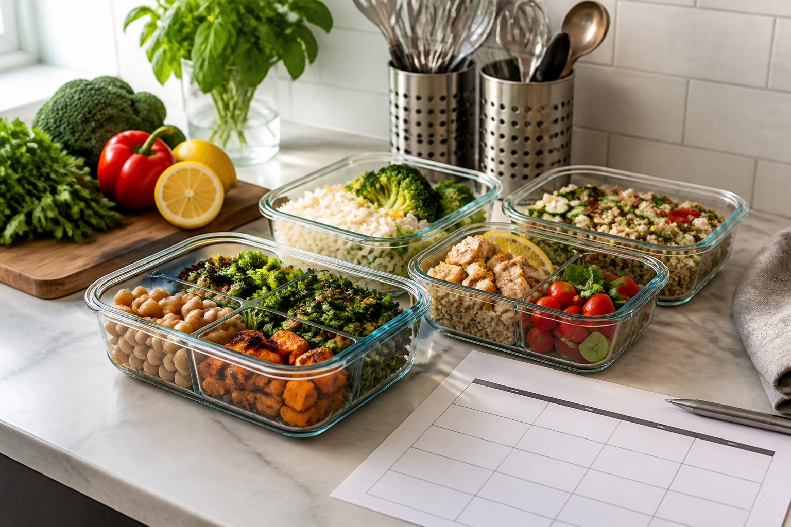 Meal Prep ohne Plastik mit Glasbehältern und frischen Zutaten