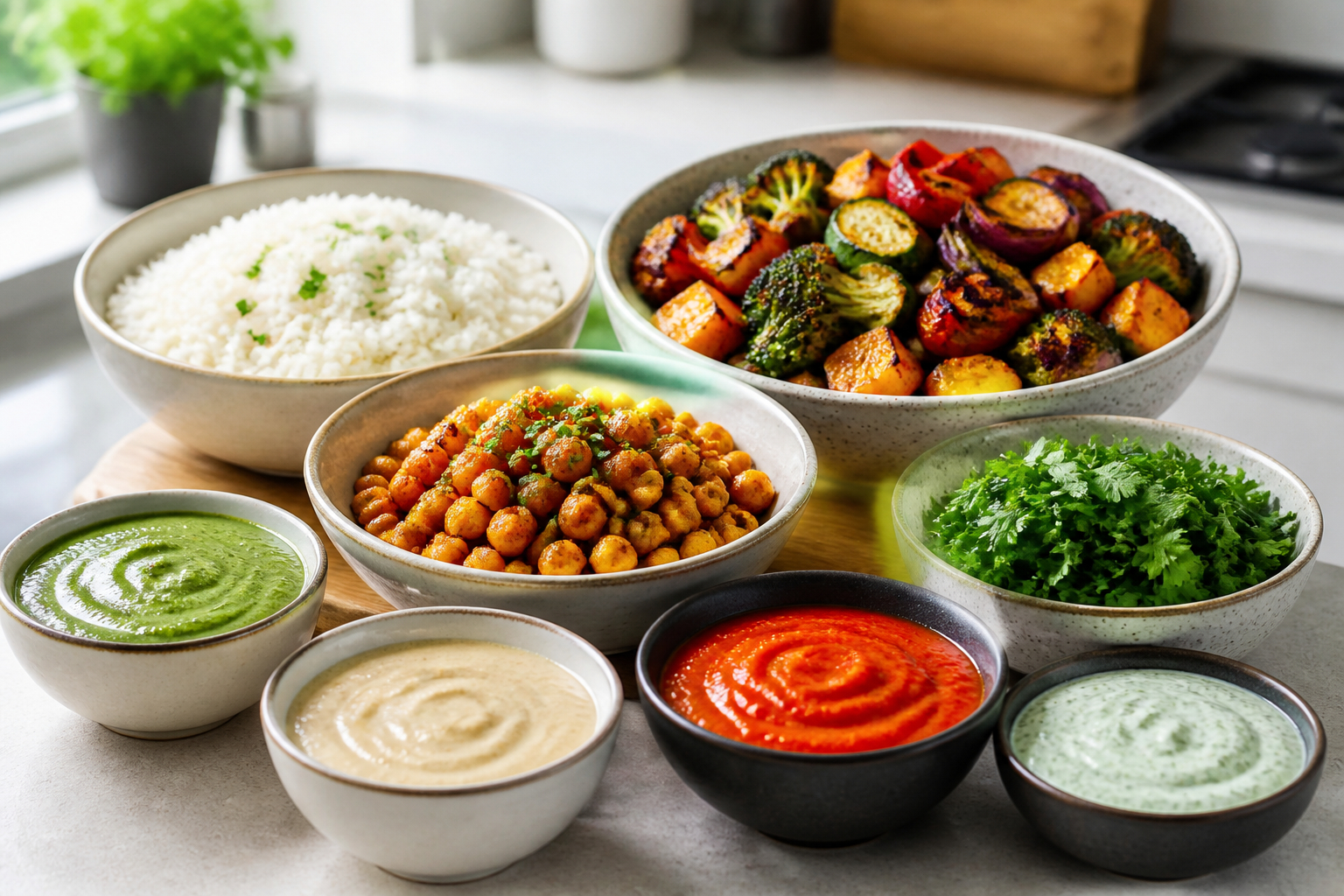 Meal-Prep-Basis aus Gemüse, Reis und Hülsenfrüchten