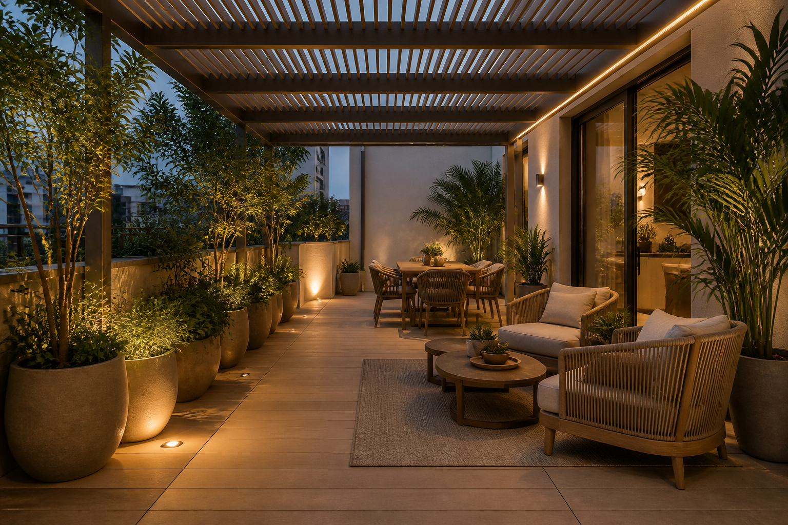 Terrasse als zweites Wohnzimmer mit geplantem Sitzplatz und Pflanzen