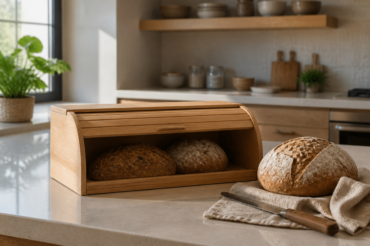 Brotkasten aus Holz mit Brot und Leinentuch in der Küche