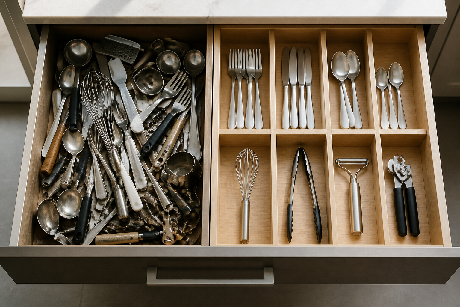 Küchen-Decluttering vorher nachher mit geordneten Schubladen