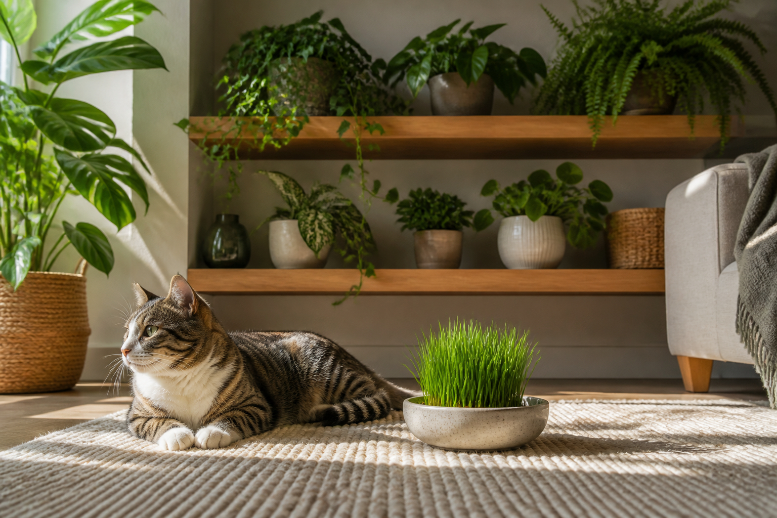 Katze neben haustierfreundlichen Zimmerpflanzen und Katzengras im Wohnzimmer