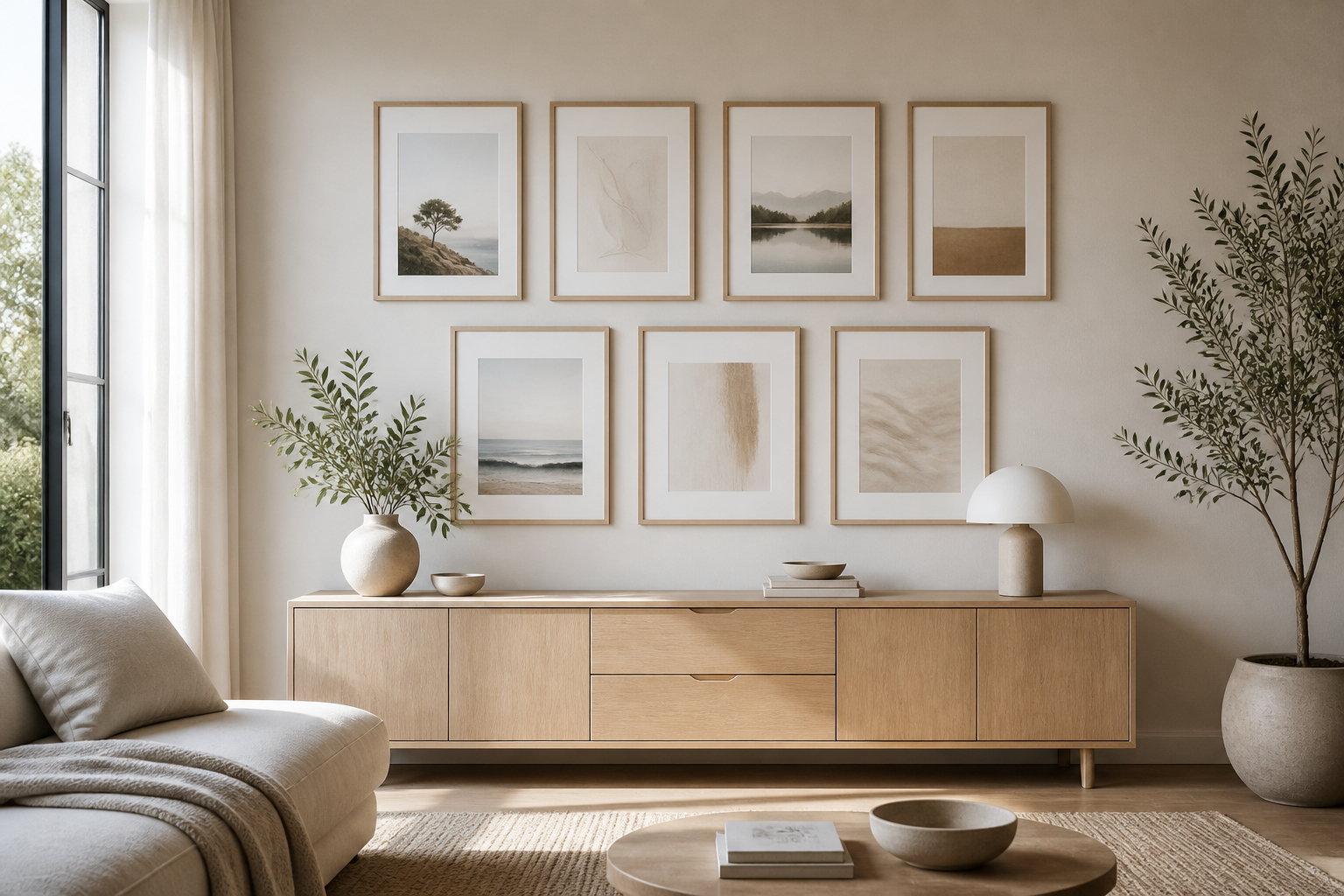 Ruhige Bilderwand mit gleichmäßigen Abständen im Wohnzimmer