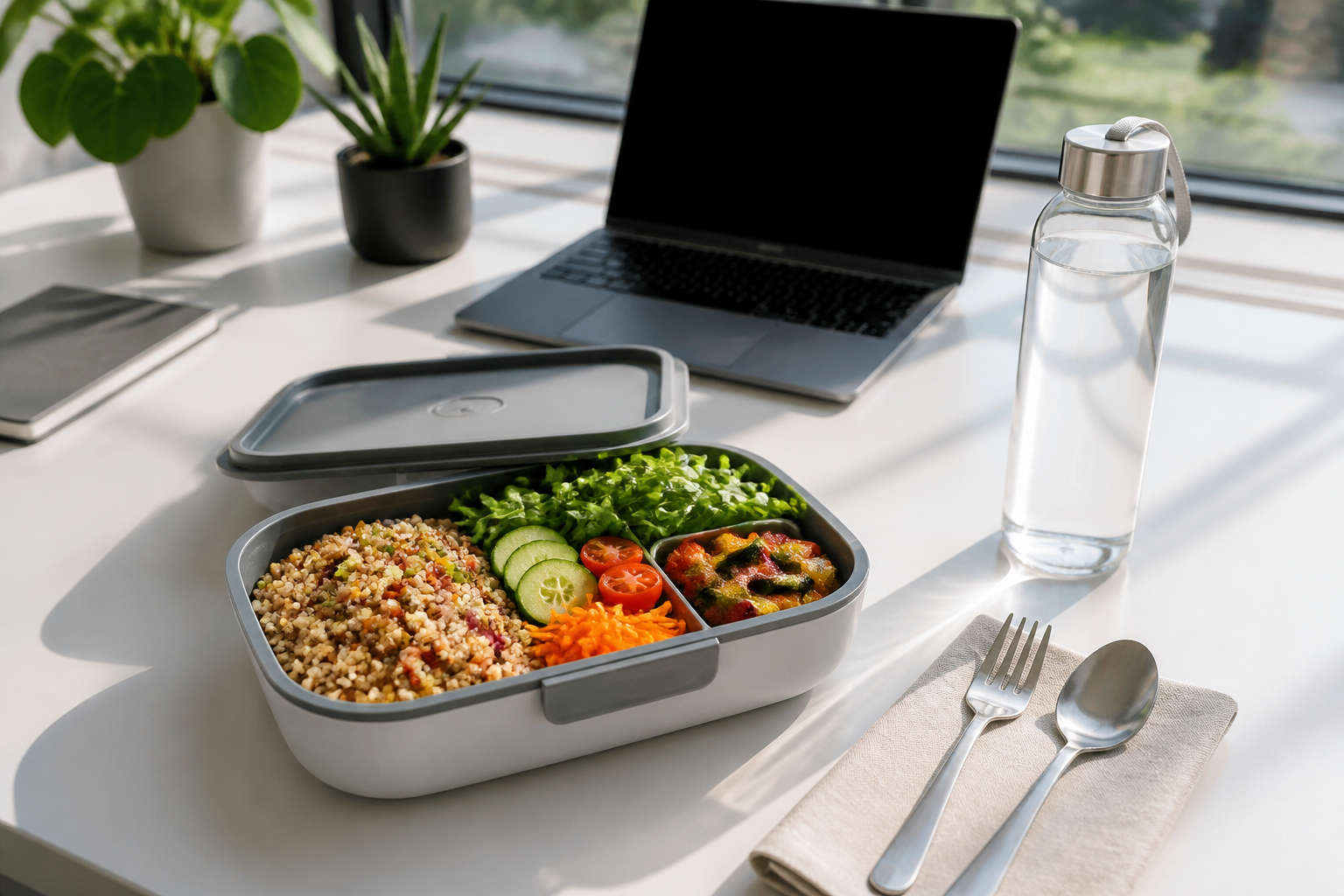 Gesunder Bürolunch ohne Mikrowelle mit Lunchbox und Salat