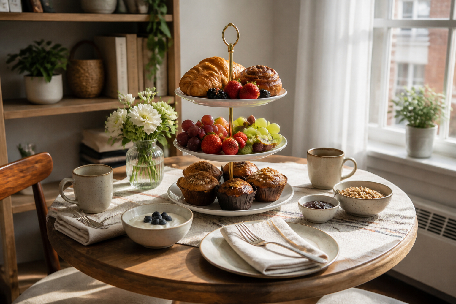 Platzsparender Sonntagsbrunch auf kleinem Tisch mit Etagere