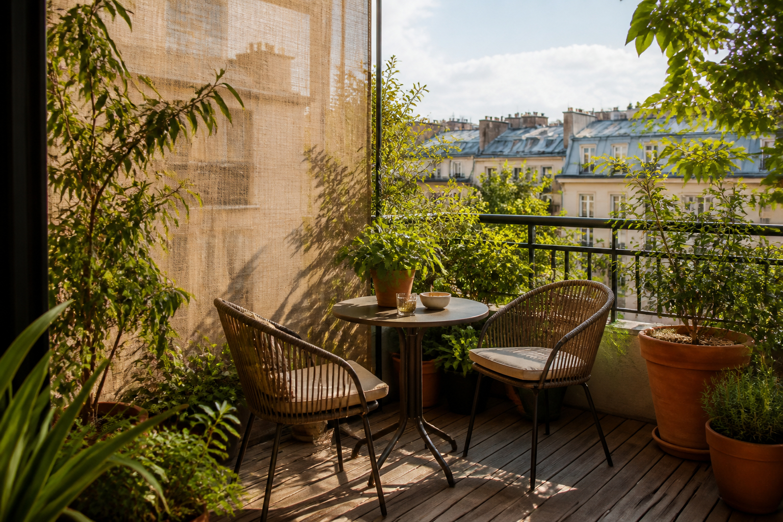 Gemütlicher Balkon mit Pflanzen und stilvollem Sichtschutz