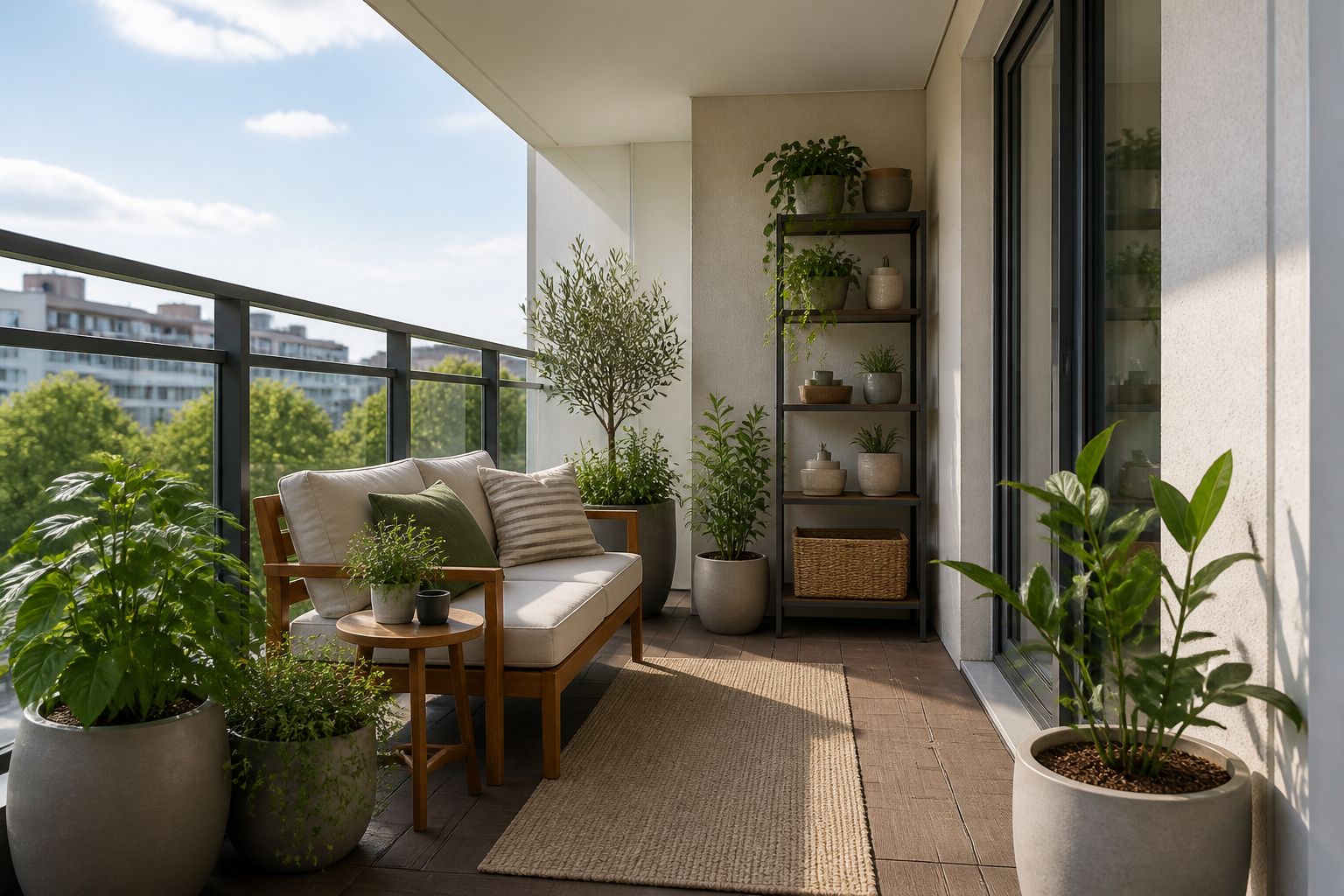 Ganzjährig geplanter Balkon mit Pflanzen, Möbeln und Stauraum