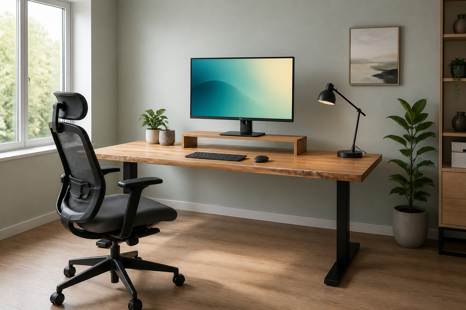 Ergonomischer Homeoffice-Arbeitsplatz mit erhöhtem Monitor
