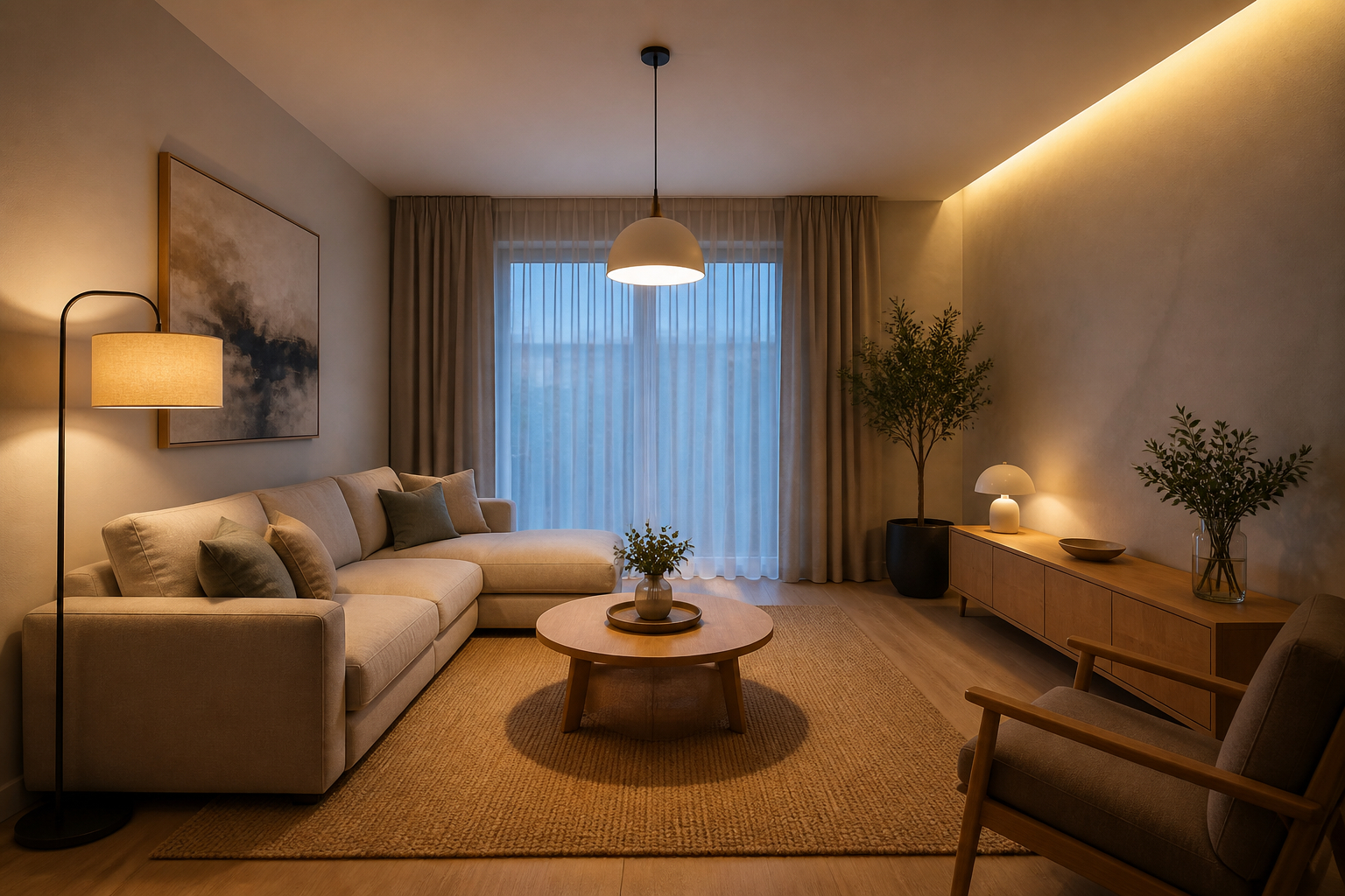 Wohnzimmer mit mehreren Lichtquellen statt nur einer Deckenlampe