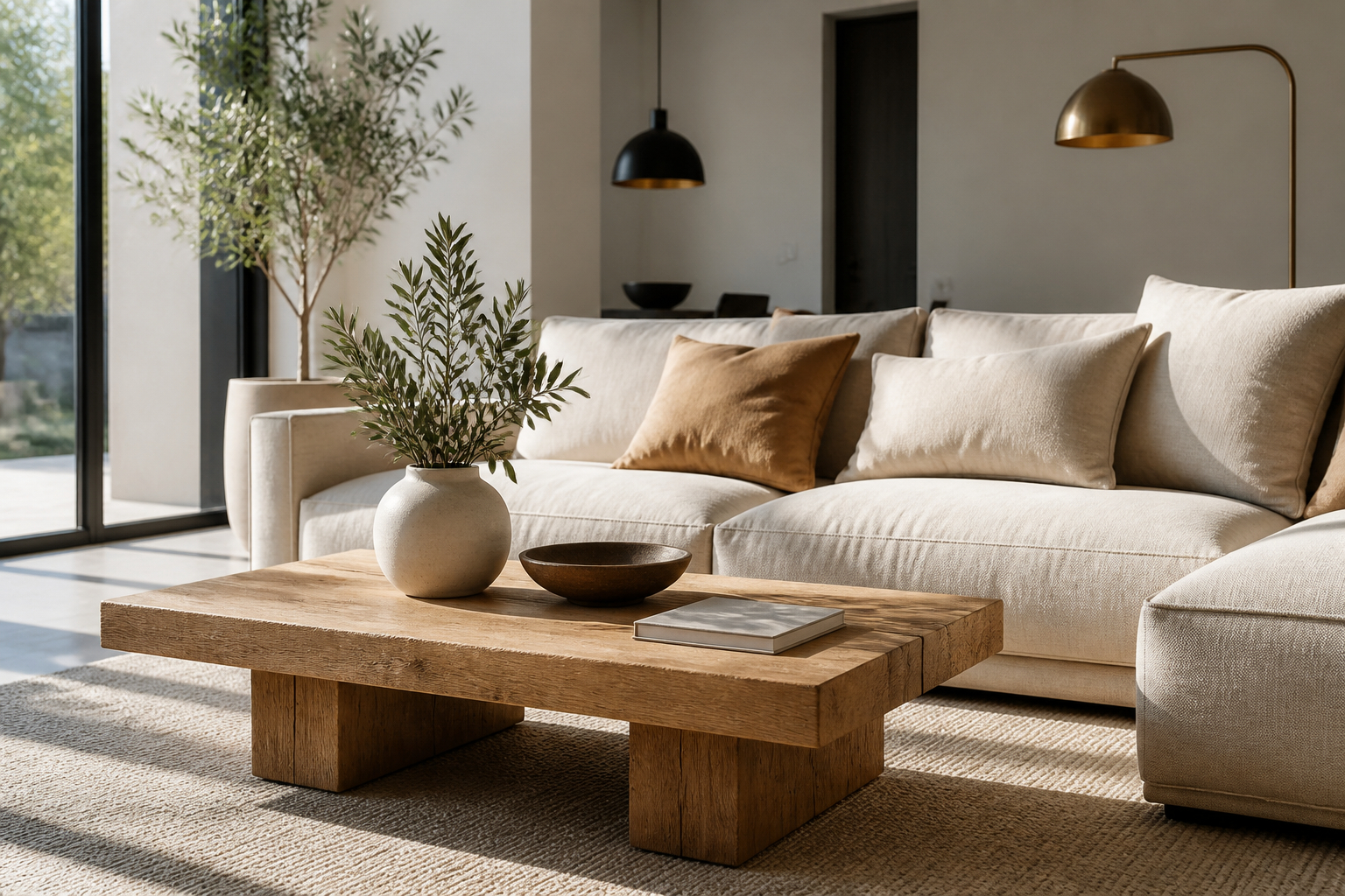 Modernes Wohnzimmer mit Holz Leinen und Keramik