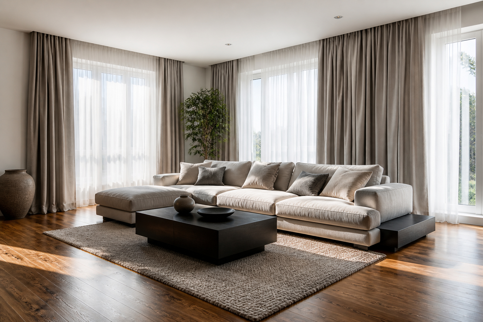 Wohnzimmer mit Teppich Vorhängen und Maßnahmen gegen Hall