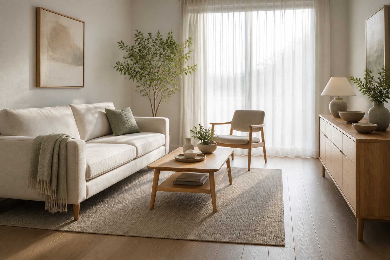 Helles kleines Wohnzimmer mit luftiger Einrichtung und freien Laufwegen