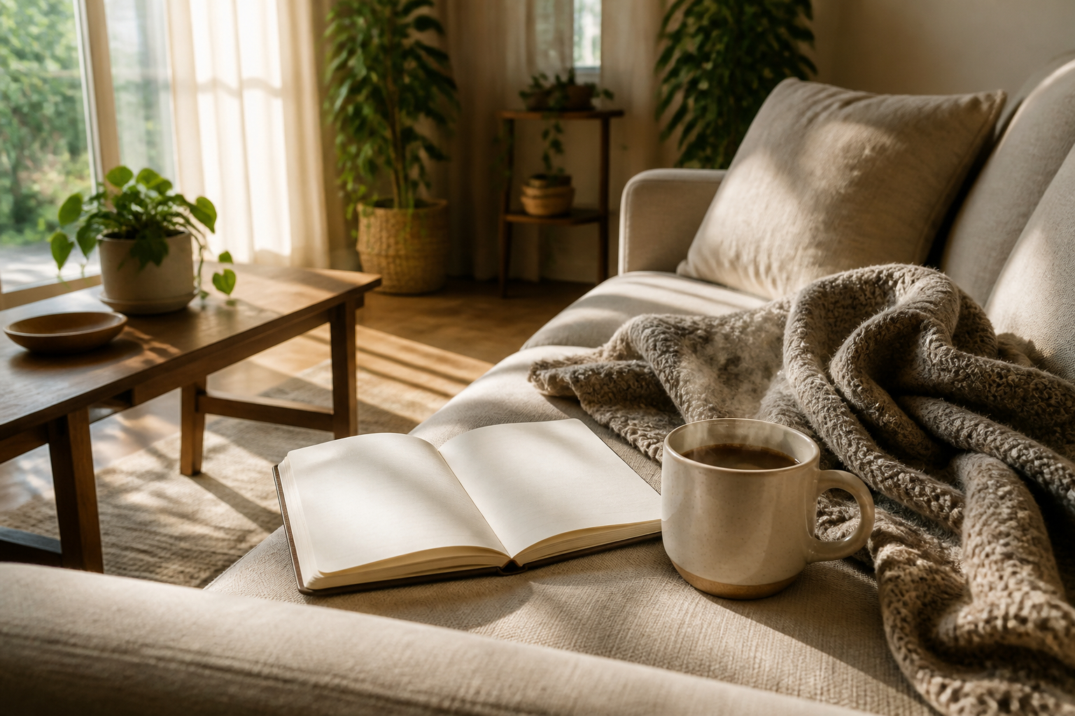 Ruhiger Sonntagmorgen im gemütlichen Wohnzimmer mit Kaffee und Notizbuch
