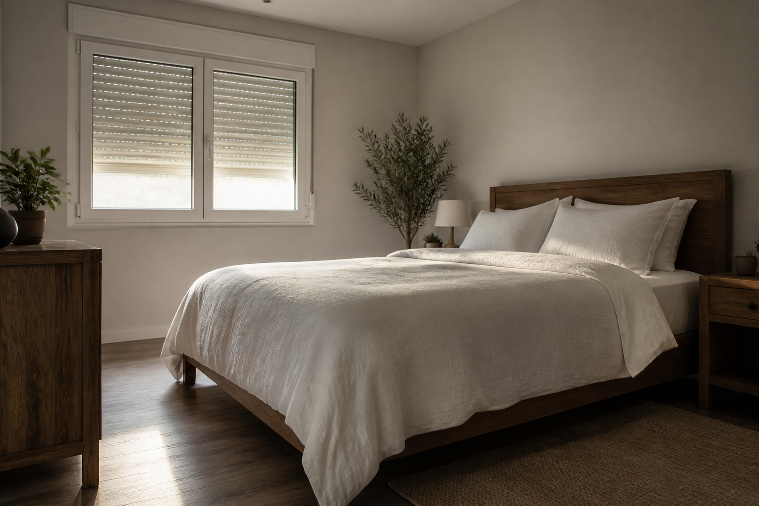 Schlafzimmer im Sommer mit Sonnenschutz und leichter Bettwaesche kuehlen