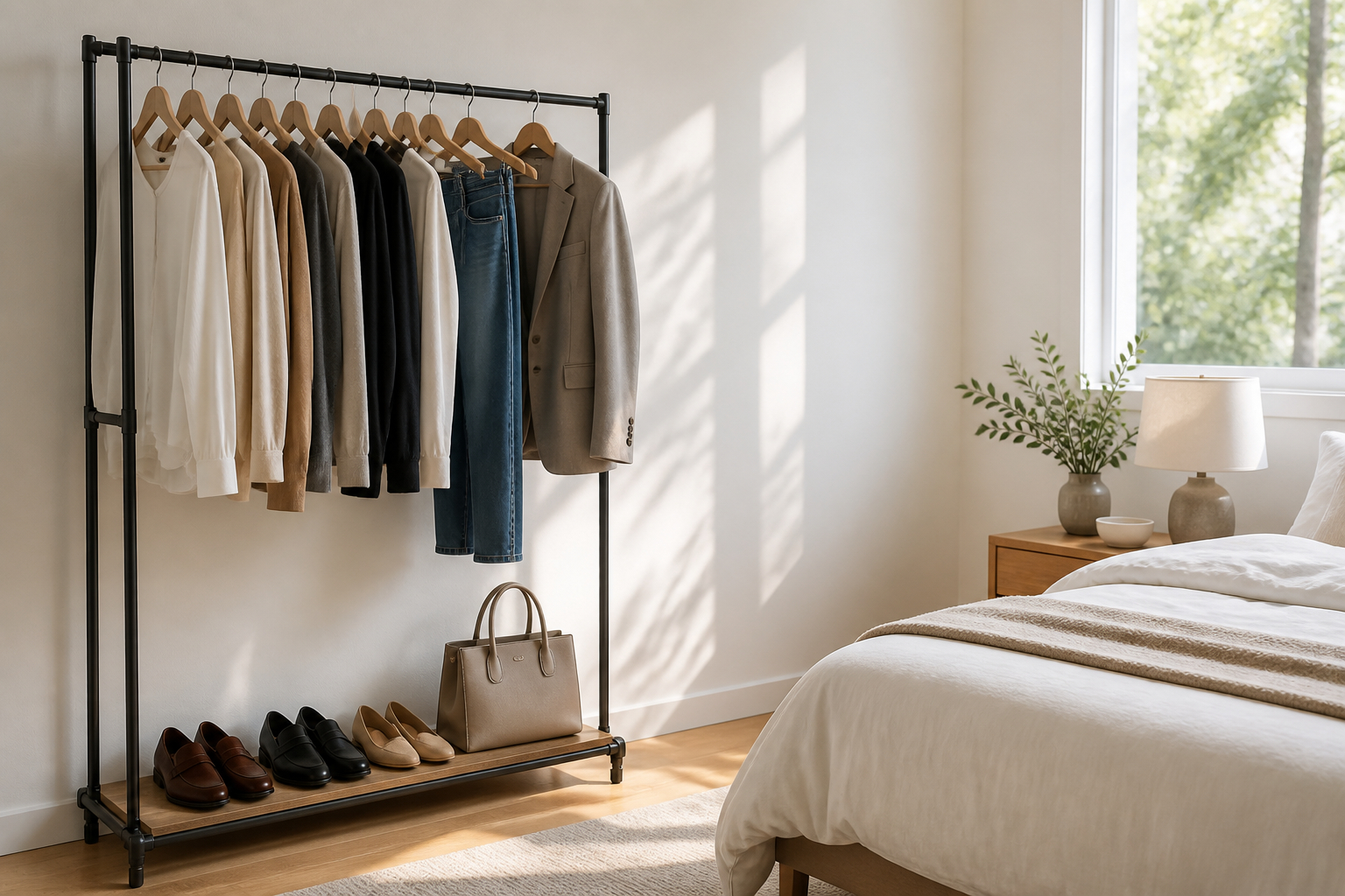 Übersichtliche Capsule Wardrobe auf einem Kleiderständer im Schlafzimmer