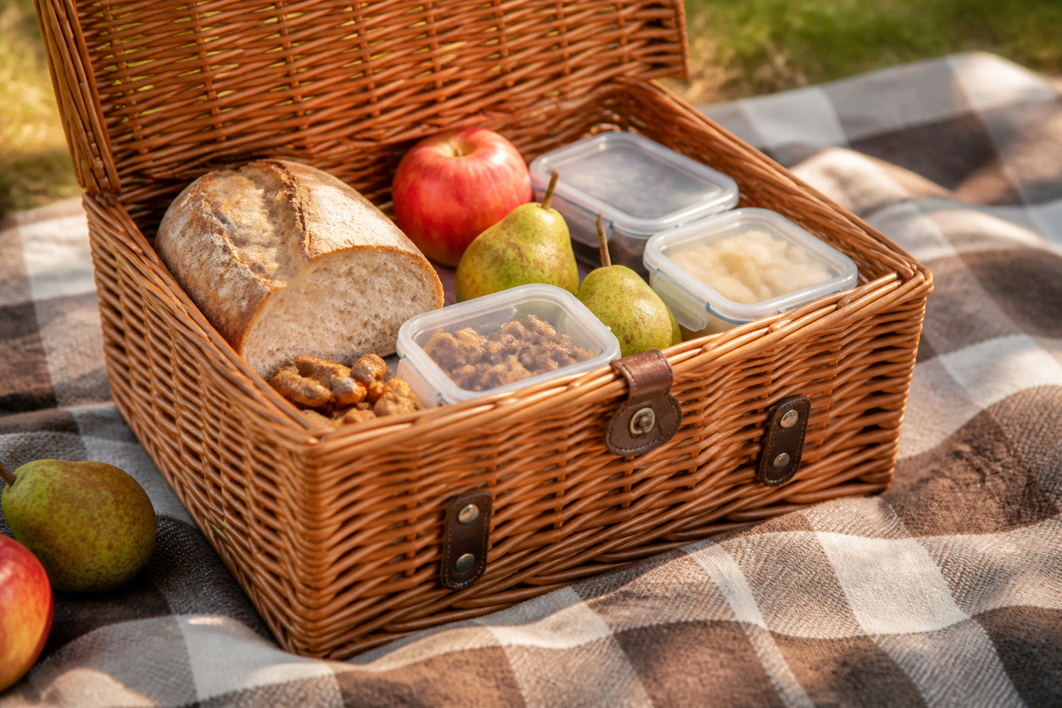 Gut vorbereiteter Picknickkorb mit robusten Lebensmitteln