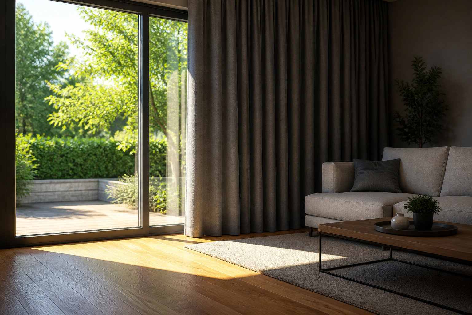 Thermovorhang als Hitzeschutz vor einem sonnigen Fenster im Sommer