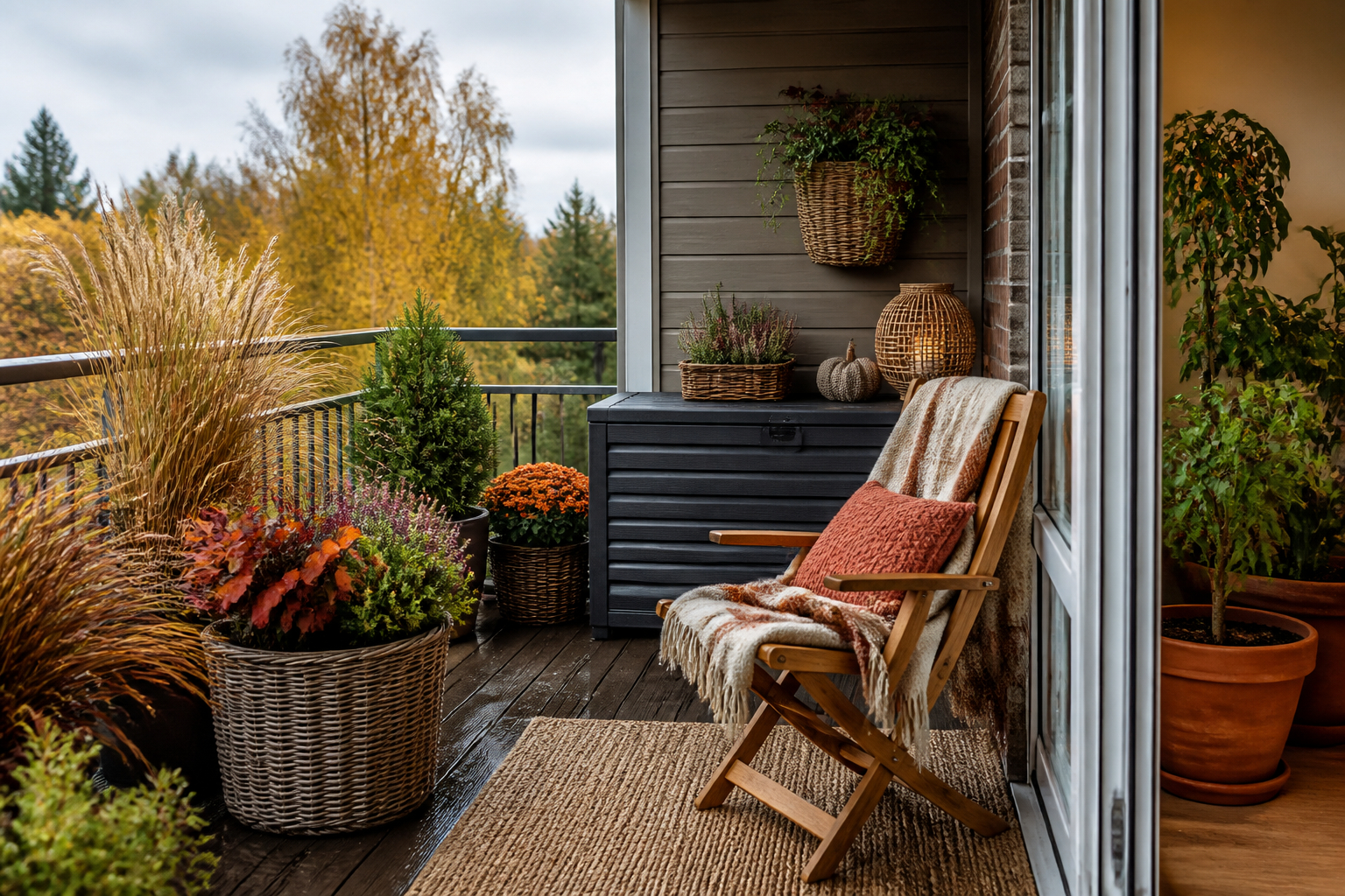 Herbstbalkon mit Gräsern, Stauraumbox und geschützten Pflanzen
